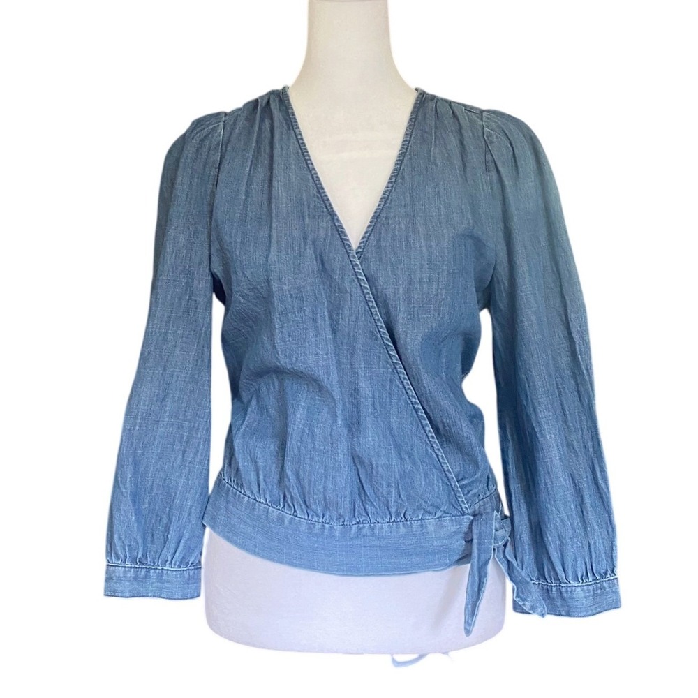 Madewell Chambray Denim Cotton Blue Wrap Tie Blouse‎ Top Small Boho Western Norm